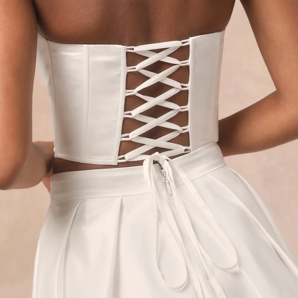 LULU’S Angelica White Satin Strapless Lace Up Corset Two-Piece Set In White - Picture 6 of 7